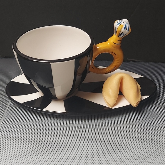 Cocktail cuties colorful cup saucer black white hand painted - Picture 1 of 5